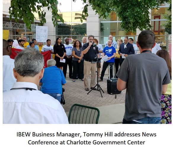 IBEW Business Manager Tommy Hill addresses News Conference at Charlotte Government Center